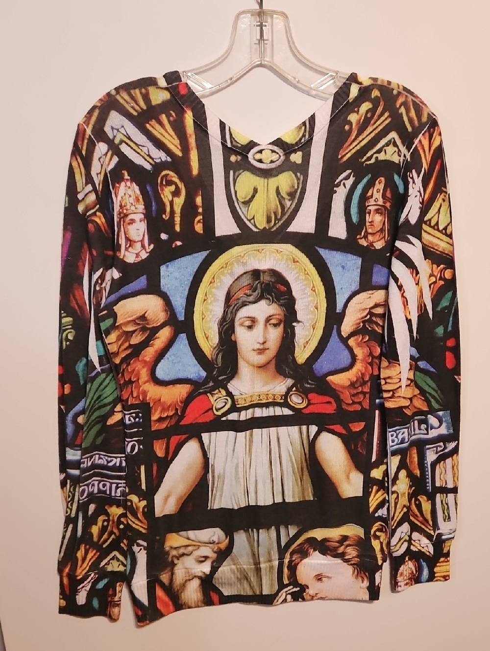 Stained Glass Design Rhinestone Embellished Religious Icon Lightweight Sweater S - Picture 3 of 6